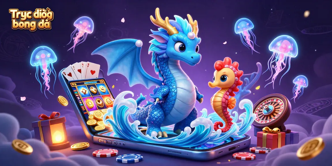 Engage with Trực tiếp bóng đá through an epic fantasy scene of a dragon and seahorse knight surrounded by vibrant casino elements.