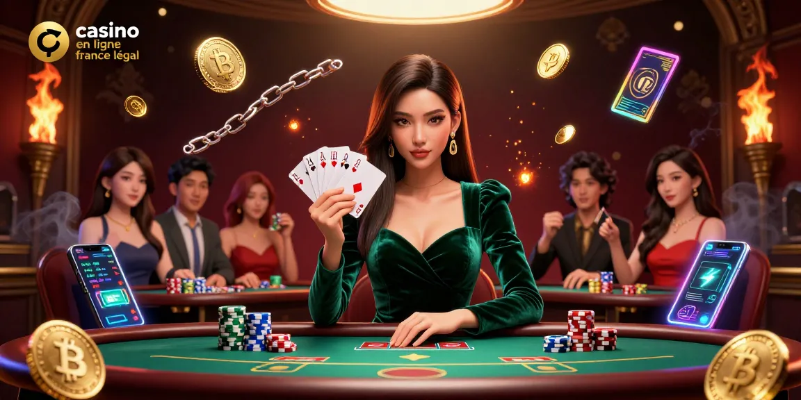Profiter d'un jeu stratégique à une table de luxe, le casino en ligne en France légal est mis en avant avec des éléments numériques vibrants.