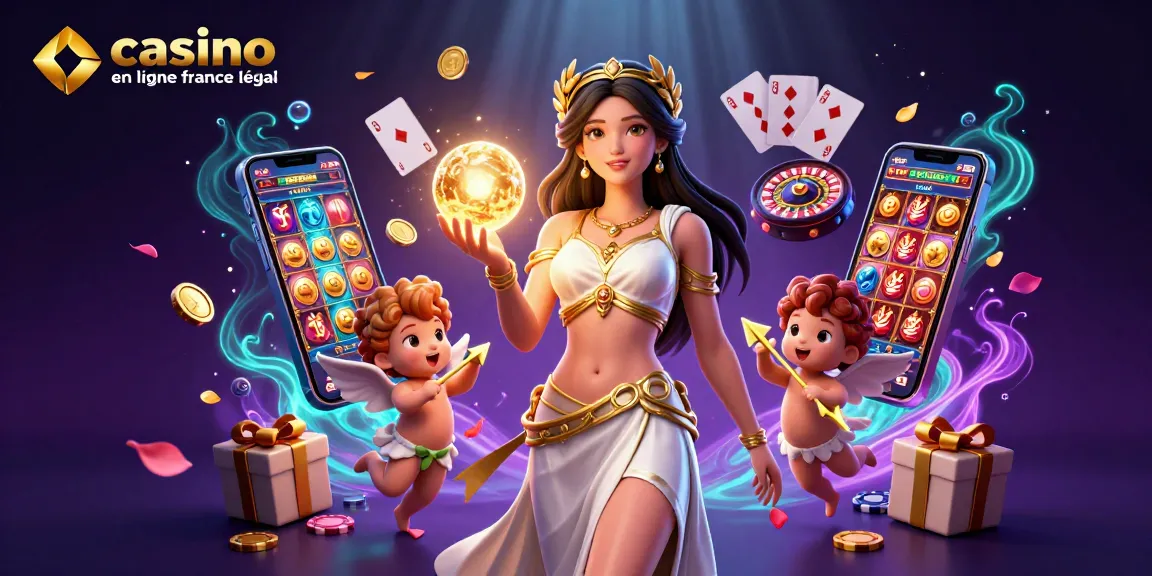Capturez l'excitation gagnante au casino en ligne France légal avec une déesse glamour parmi des éléments de jeu vifs, présentant un divertissement de casino en ligne d'élite.