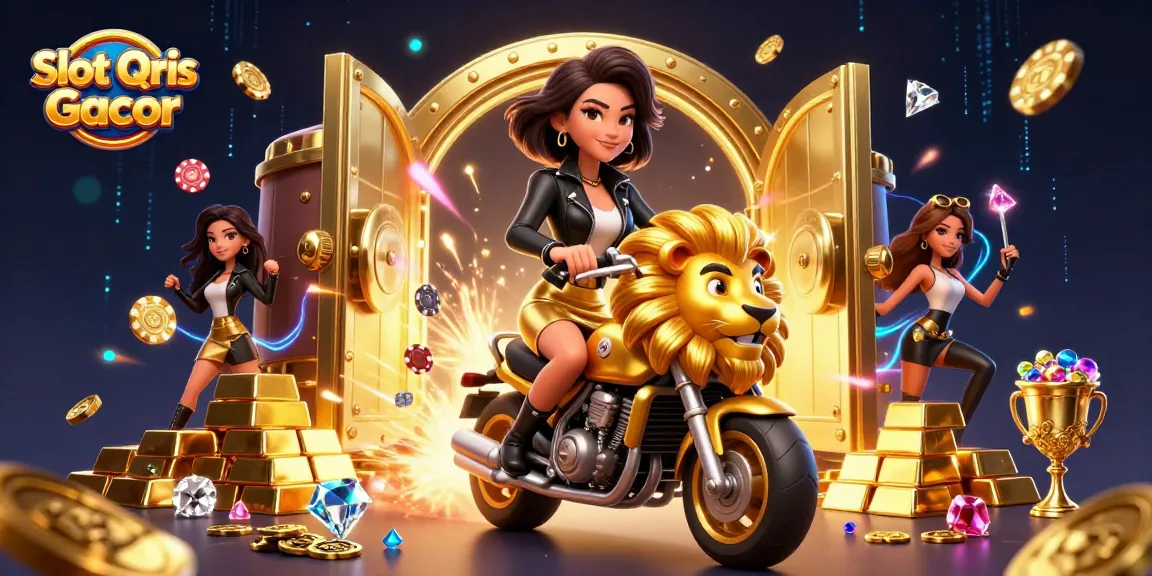 Engage with Slot Qris Gacor: A thrilling casino scene featuring a glamorous woman riding a golden lion.