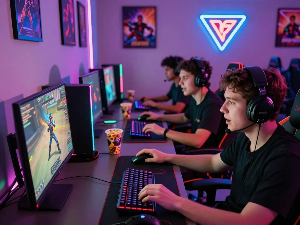 Engaging MM88 online gaming scene with players immersed in strategy and vibrant LED lights.