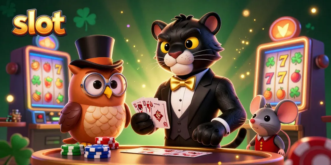 Spin the slot reels with vibrant characters featuring a panther dealer, owl with chips, and lucky mouse.