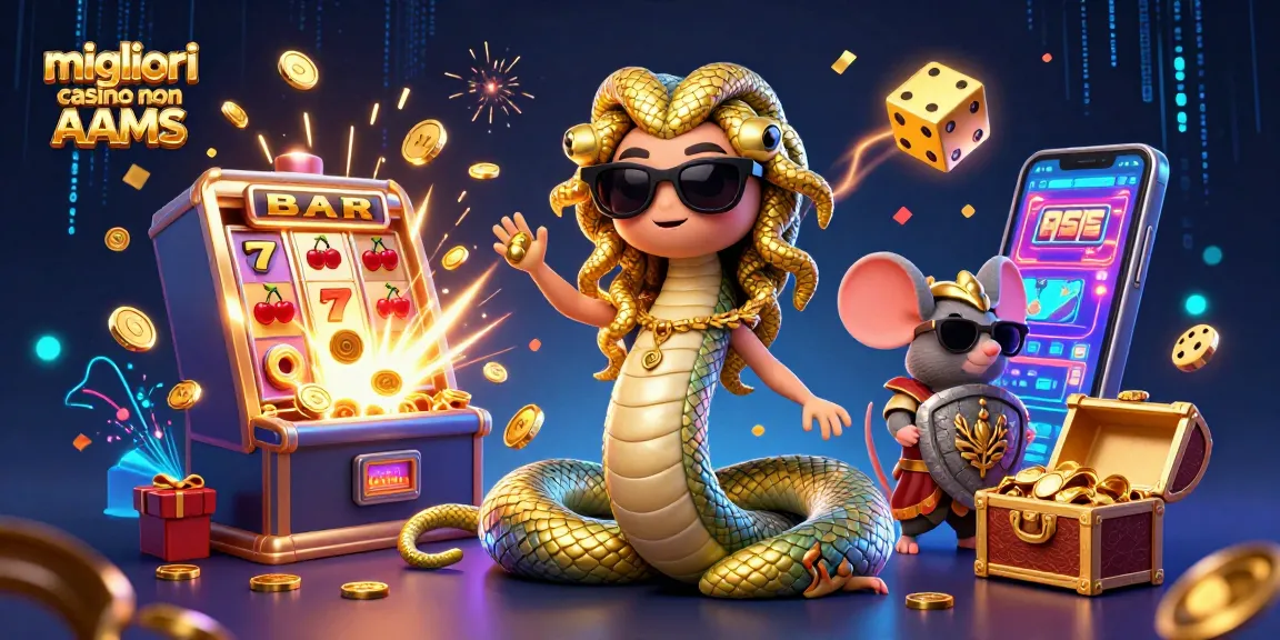 Illustrazione 3D dettagliata di Medusa e un guerriero di pietra tra slot machine e giochi, evidenziando i migliori casino non AAMS.