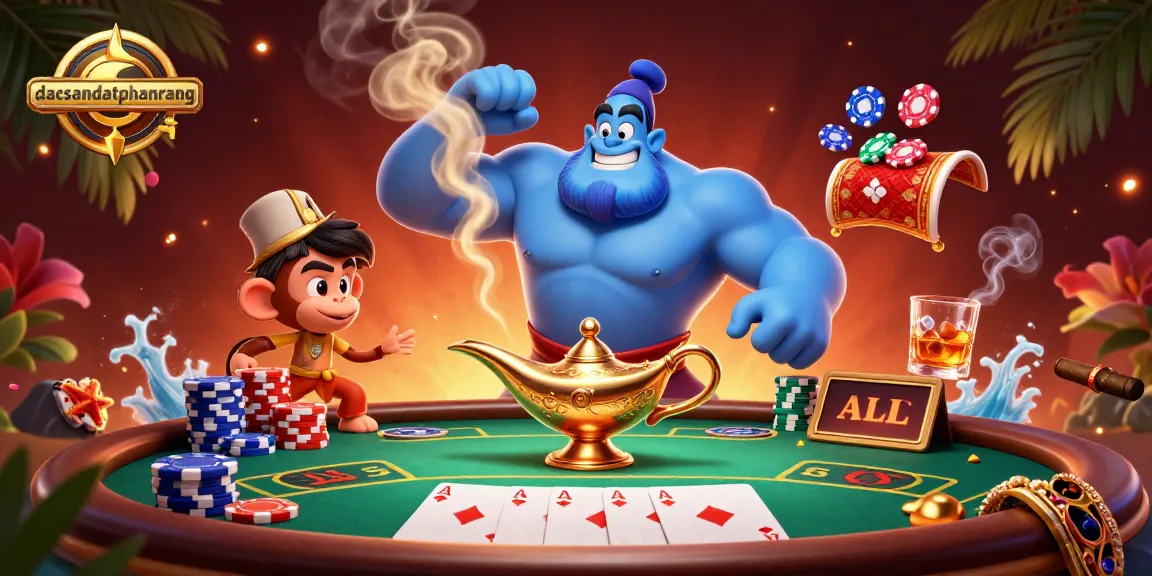 Engage with dacsandatphanrang's vibrant casino theme featuring a muscular genie, poker elements, and lively action.