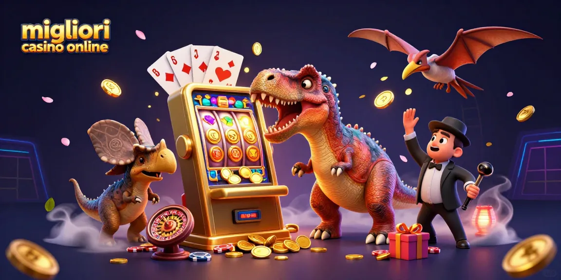 Illustrazione 3D di un pachicefalosauro che urta una slot machine per vincere nei migliori casino online, con manager in ansia e monete volanti