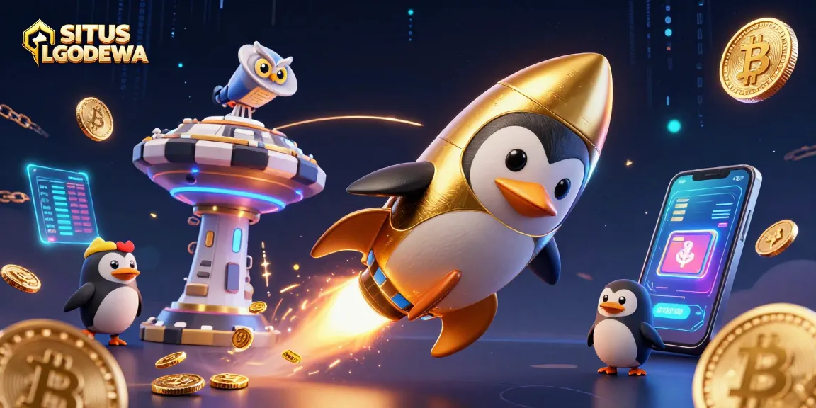SITUS LGODEWA features a golden penguin rocket soaring towards a casino, surrounded by vibrant crypto elements.