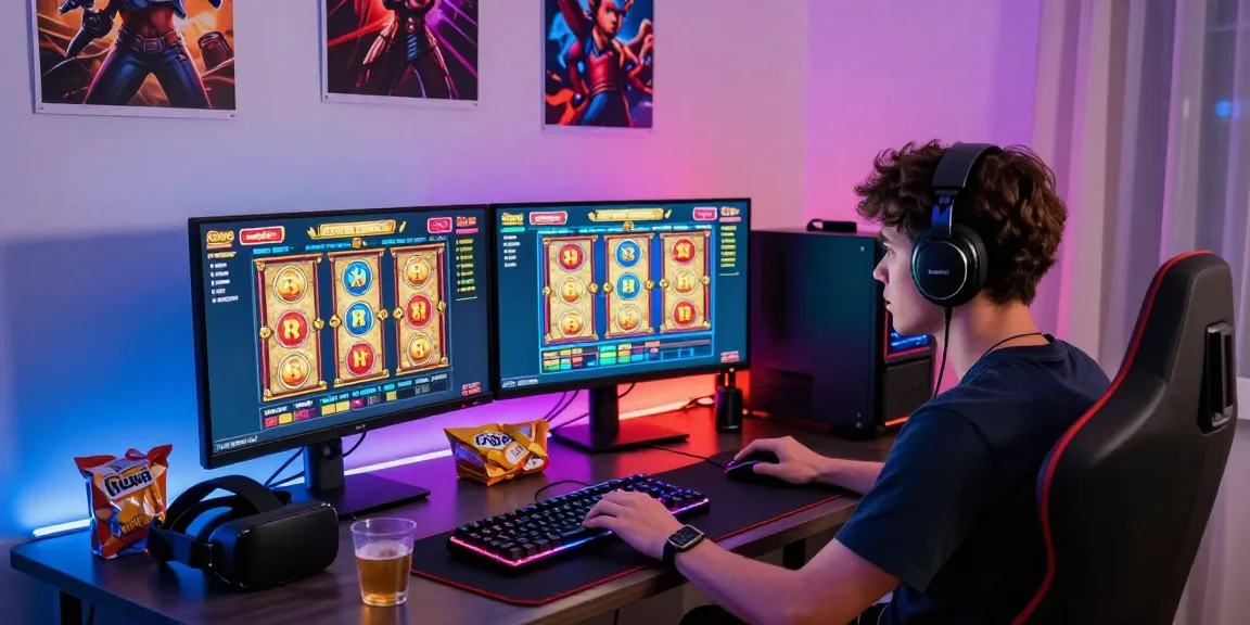 Engaged gamer exploring situs depo 5rb in vibrant gaming setup with dual monitors and RGB lighting.