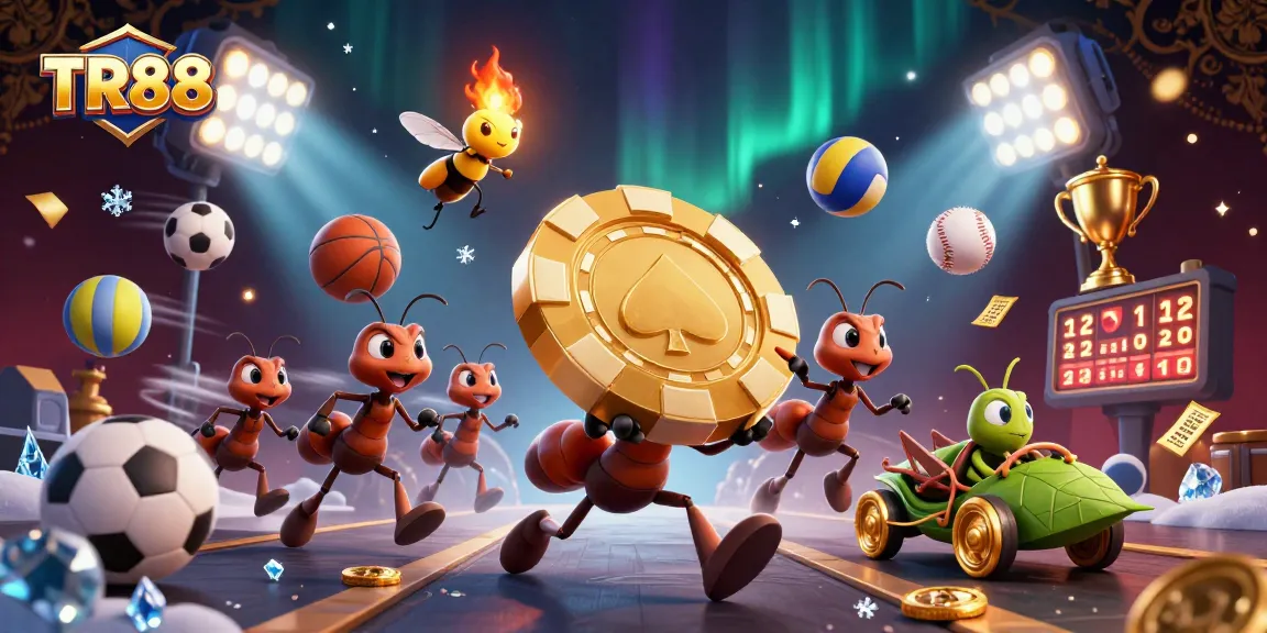 TR88 ants heist with golden poker chip in a casino world filled with vibrant sports action