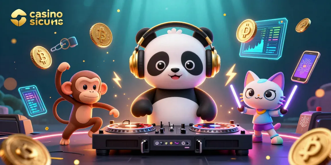 Interagisci con i casino sicuri non AAMS attraverso una vivace visuale 3D di un panda DJ e amici in una scena vivace a tema crypto.
