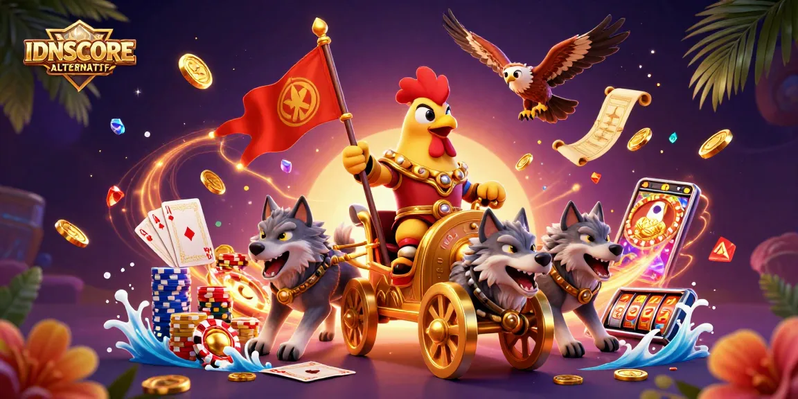 Experience the thrill of IDNSCORE ALTERNATIF with a vibrant digital casino scene filled with gold coins, cards, and excitement.