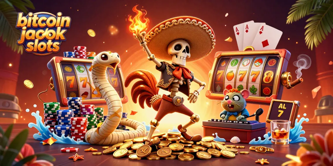 Celebrate bitcoin jackpot slots with character dance and vivid symbols in this dynamic illustration.