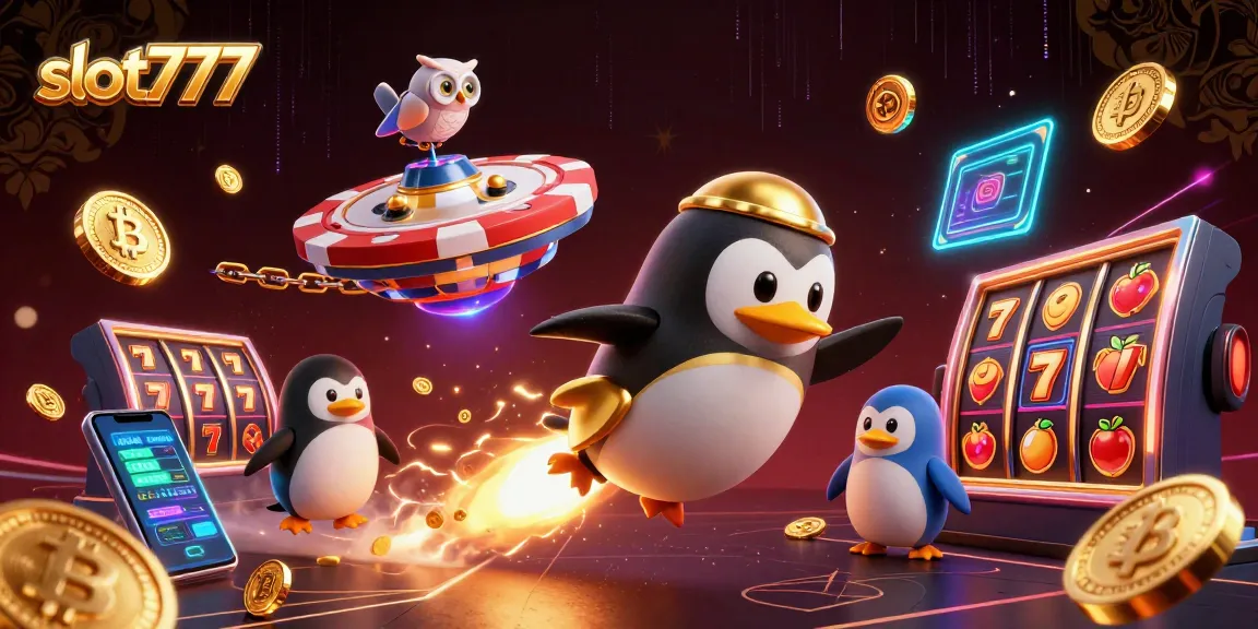 Experience slot777 excitement with cartoon penguin and casino-themed space elements.