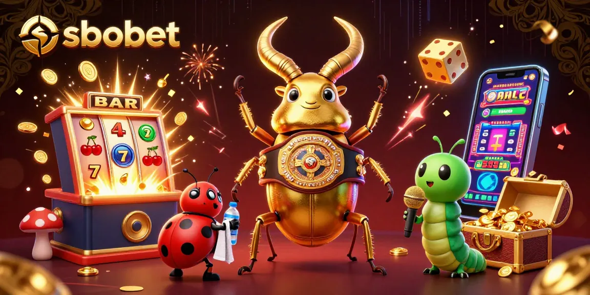 Sbobet sports betting scene with a giant stag beetle champion and casino elements, capturing excitement and engagement.