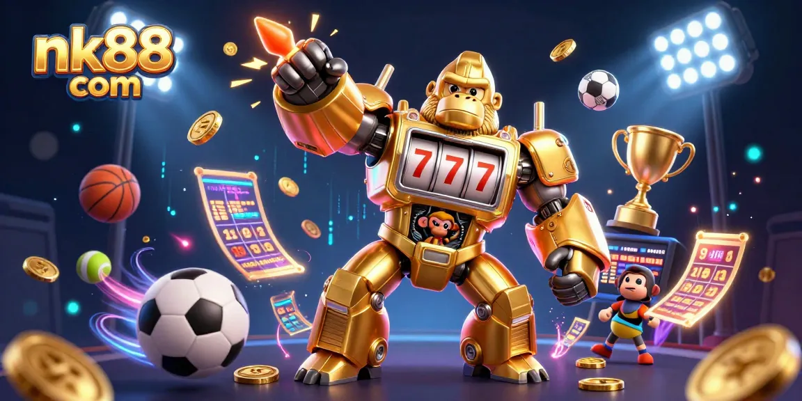 Win big at nk88 com with vibrant gaming action featuring a mech and sports elements.