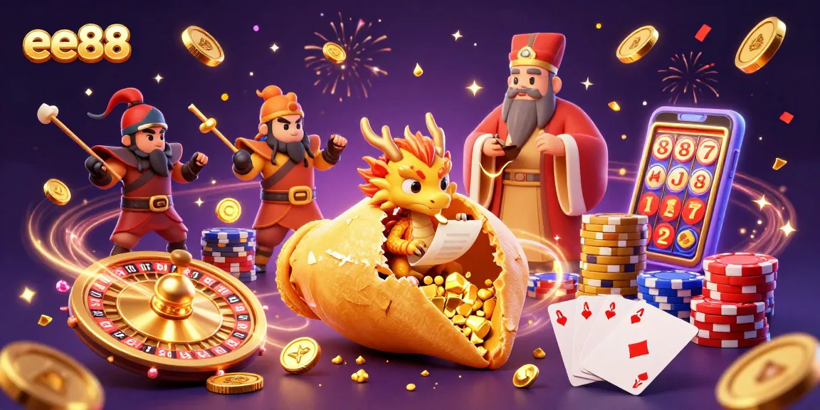 Experience the excitement of ee88 with a vibrant casino-themed 3D illustration featuring lucky symbols and golden riches.