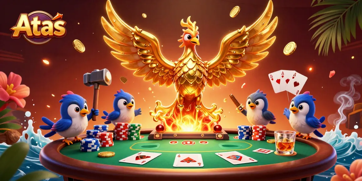 Engage in thrilling gameplay at Atas Casino with the golden phoenix symbolizing fortune and luck across vibrant game elements.