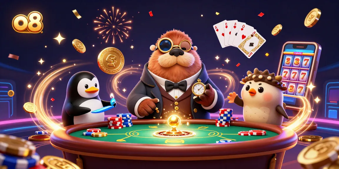 Engaging o8 scene featuring a walrus, penguin dealer, and pufferfish at an underwater poker table with cascading coins.