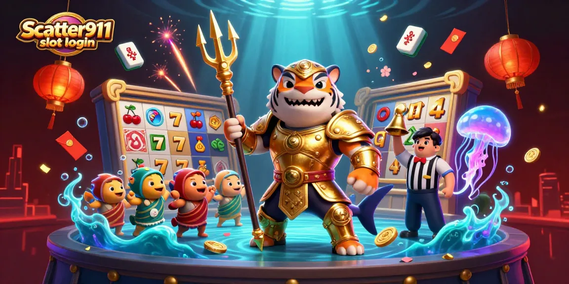 Experience the excitement of scatter911 slot login with a vibrant underwater scene featuring a gladiator shark amidst slot reels.