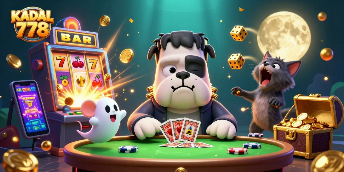 KADAL 778 showcases a vibrant casino scene with a cartoon bulldog dealer and magical elements, perfect for players.