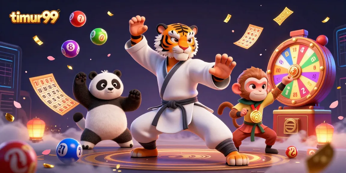 Engage with the vibrant timur99 casino scene featuring a martial arts tiger and colorful lottery elements.