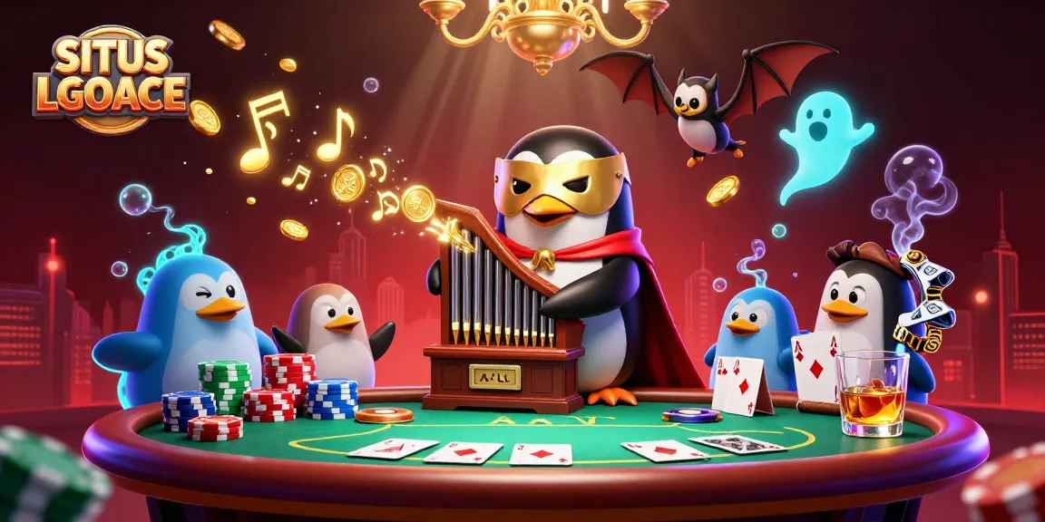 SITUS LGOACE showcases a dynamic casino scene with a phantom opera penguin and vibrant poker elements.