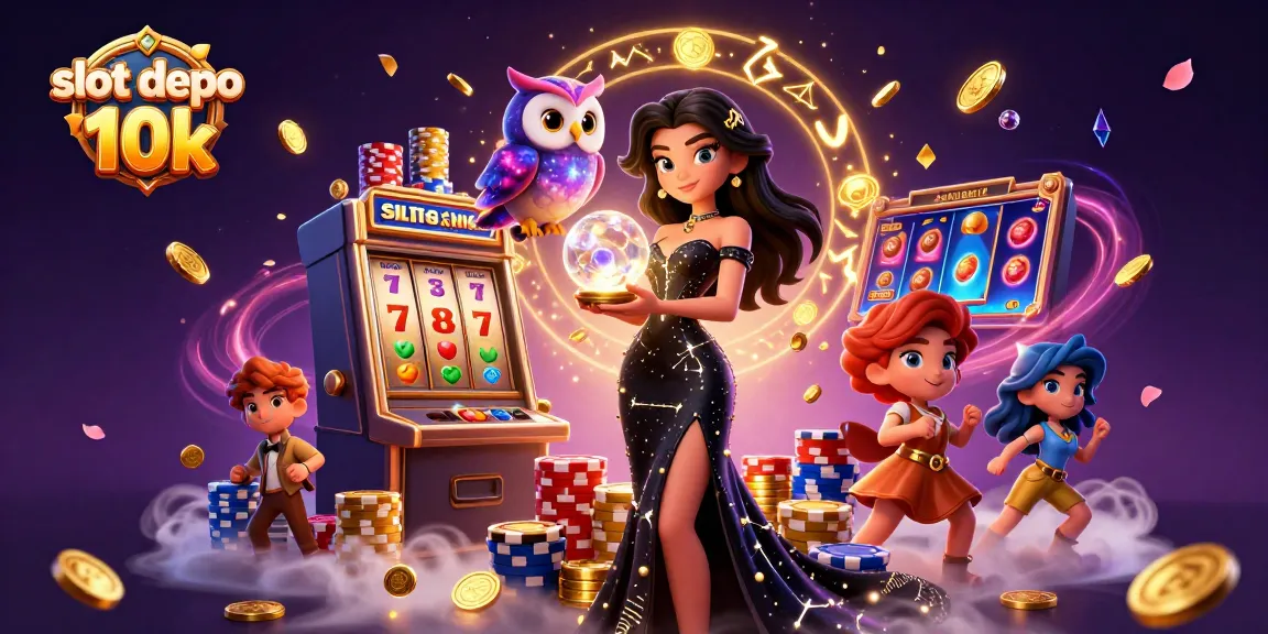 Engage with slot depo 10k for exciting bonuses on a vibrant, colorful slot gaming scene.