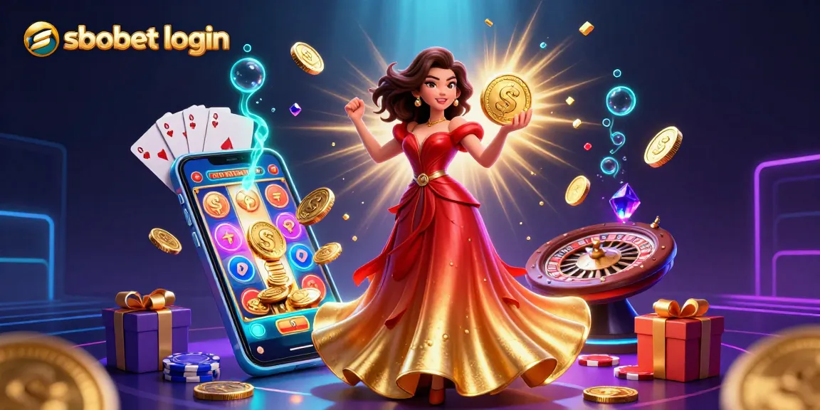 Experience sbobet login with a stunning Asian woman holding a glowing golden coin amid gaming excitement.