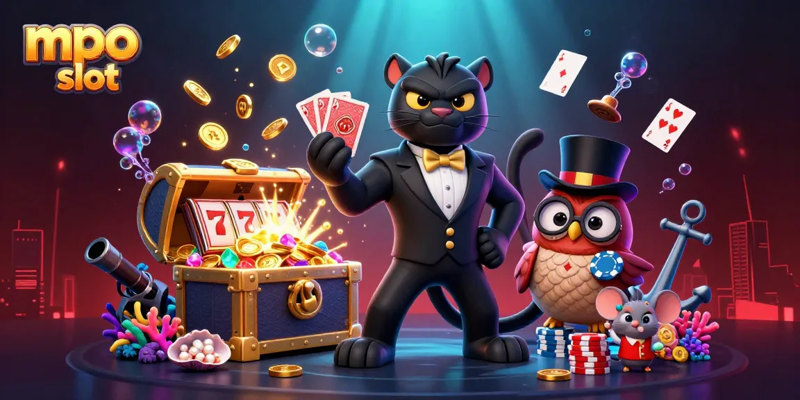 Experience the excitement of mpo slot with the stylish panther, owl, and lucky mouse in a vibrant casino scene