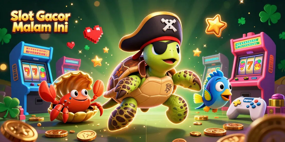 Engage in Slot Gacor Malam Ini with a playful scene featuring a pirate turtle above shimmering treasure.