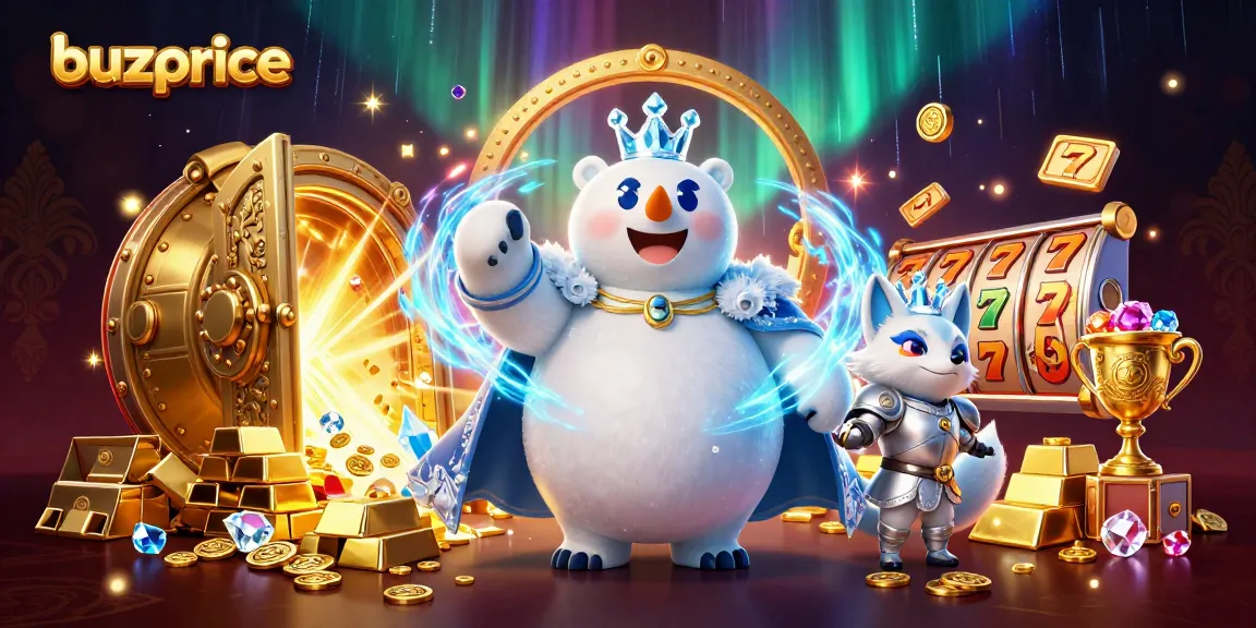 Experience the excitement of buzprice with a vibrant 3D casino scene showcasing slots and treasures.