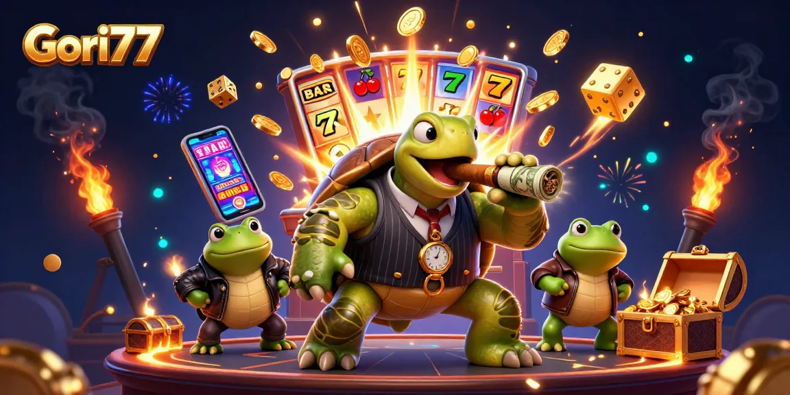 Gori77 memainkan mesin slot dengan karakter lucu seperti kura-kura, dikelilingi koin emas.