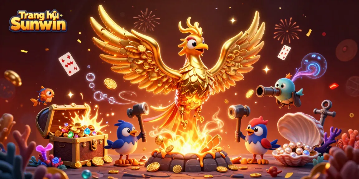 Experience the thrill of Trang chủ Sunwin with a dramatic illustration of a golden phoenix and treasure.