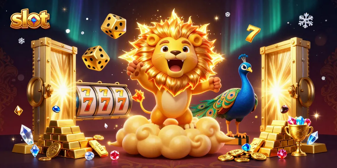 Spin the reels at slot games illustrated with a roaring golden lion and golden dice.