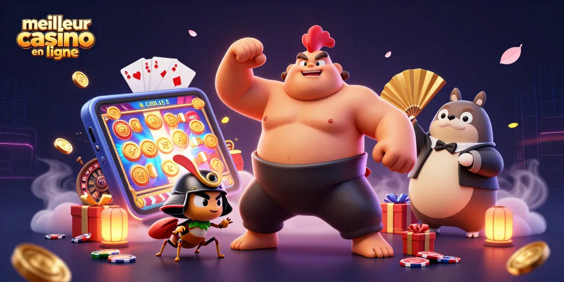 Découvrez le meilleur casino en ligne avec un sumo puissant et un criquet samouraï, entouré de jeux captivants.