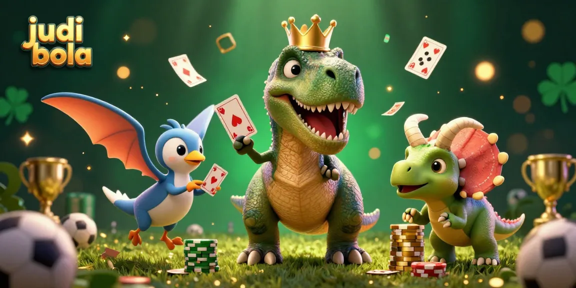 Bet on judi bola with a fun T-Rex shuffling cards and dino friends in a vibrant casino scene.