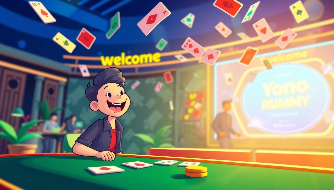 Join the excitement of Yono Rummy as colorful cards soar through a vibrant digital landscape.