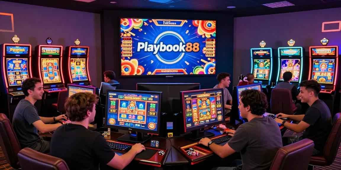 Engaged players in a vibrant gaming lounge experiencing Playbook88 online slots excitement during an interactive session.