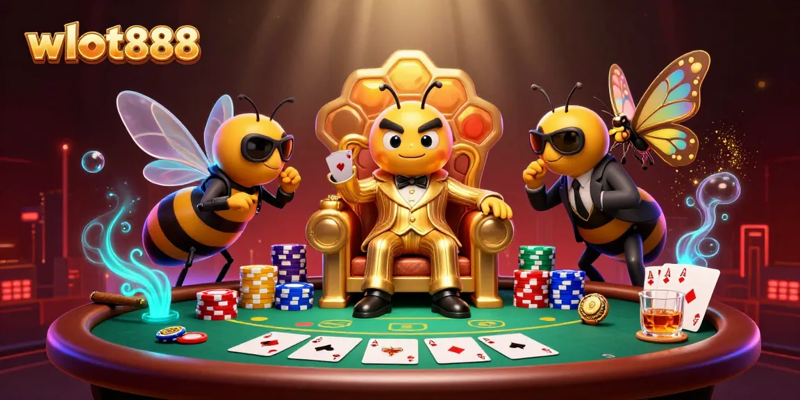 wslot888 menampilkan ilustrasi kasino 3D yang dinamis dengan karakter dan elemen perjudian.
