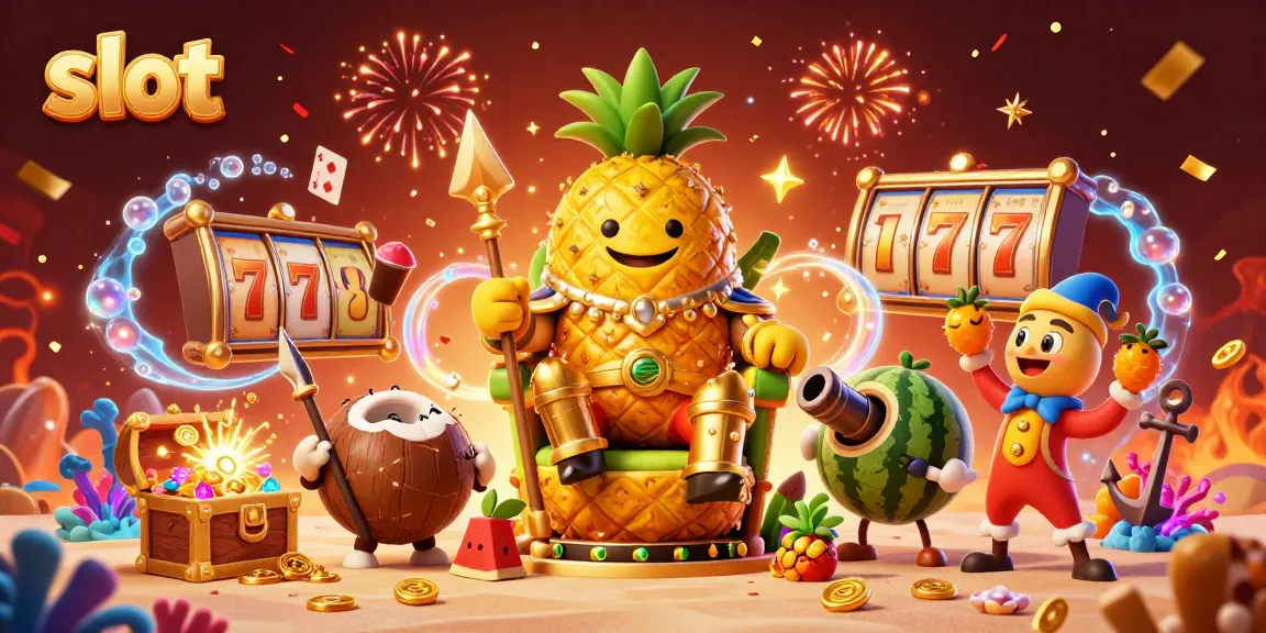 Play slots in a vibrant casino scene with a golden pineapple king, surrounded by fun game elements.
