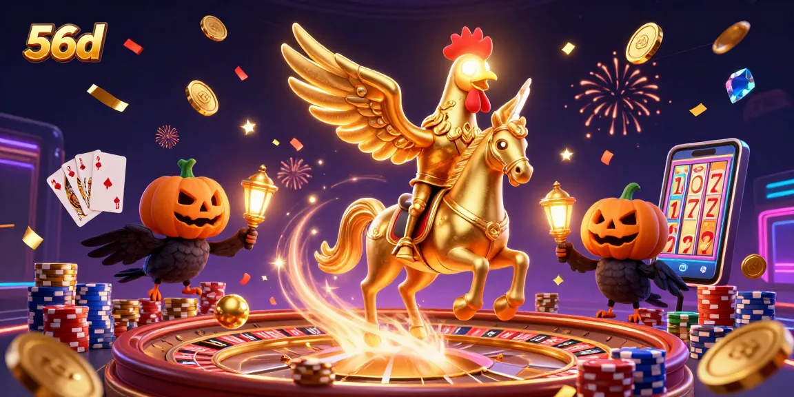 Experience the excitement of 56d with vibrant games and casino energy in this 3D illustration.