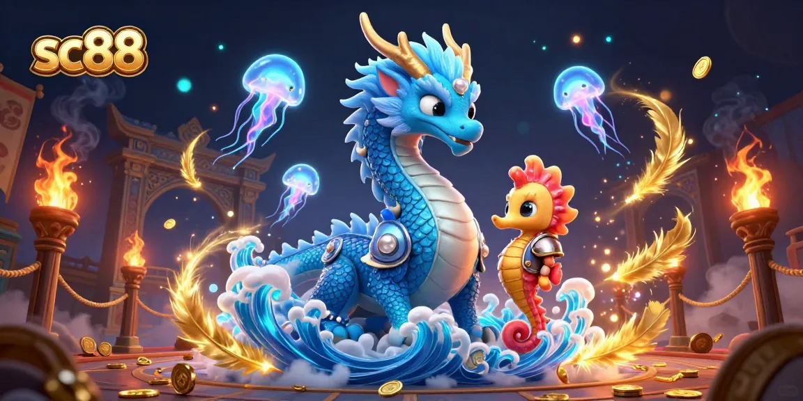 Experience thrilling plays at sc88 with a majestic water dragon and vibrant gambling elements.
