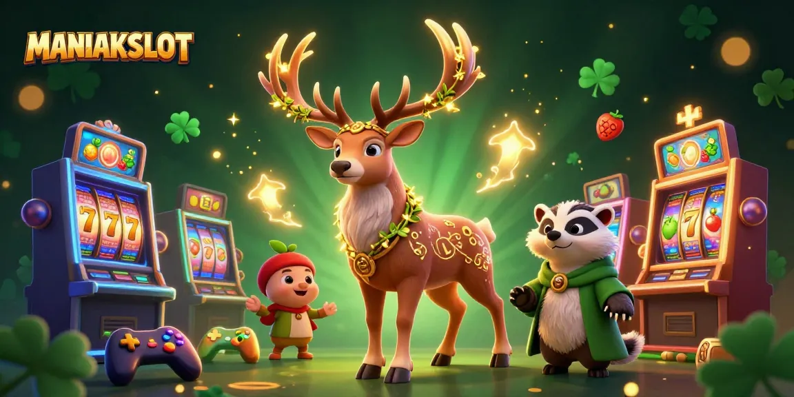 Engage with MANIAKSLOT in a vibrant scene of Celtic magic and colorful slot machines.