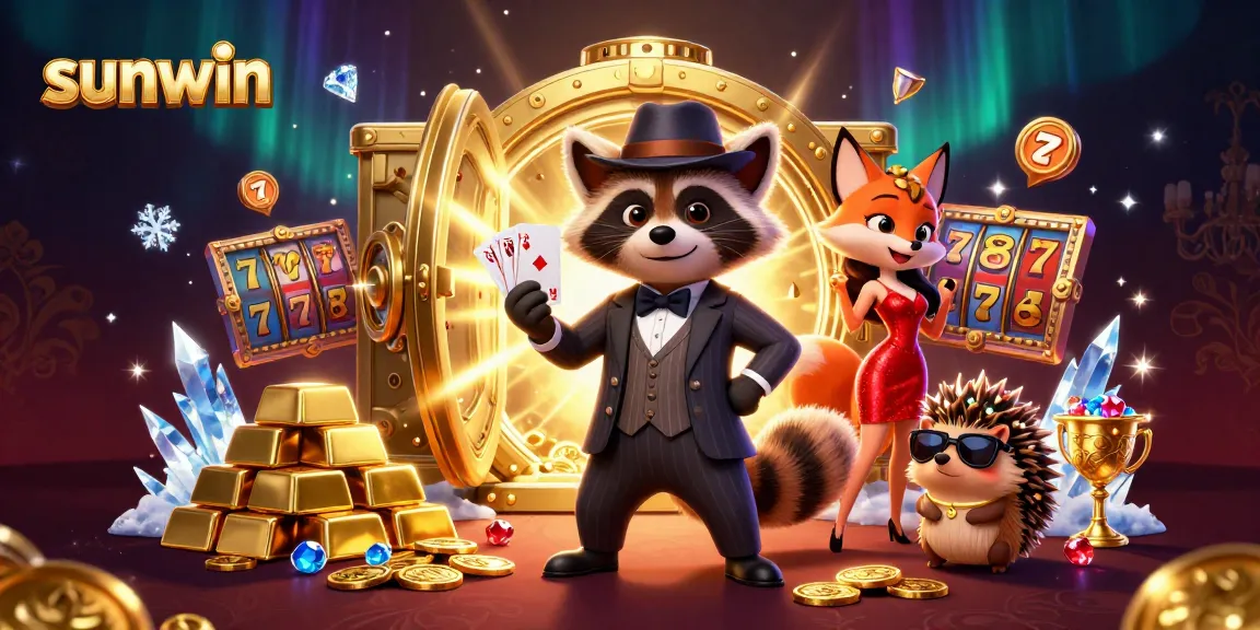 Win big at sunwin with a dynamic casino scene featuring a suave raccoon, a charming fox, and a hedgehog bouncer.